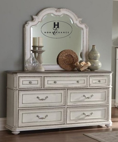 Τουαλέτα με καθρέπτη Willowick της Home Elegance®, σε χρώμα λευκό με πατίνα πολυκαιρισμένου επίπλου και επτά συρτάρια.