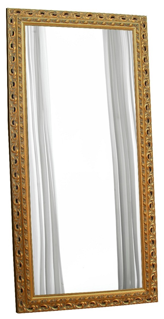 Ένας μεγάλος ιταλικός ορθογώνιος καθρέπτης, με φαρδιά ανάγλυφη φλοράλ κορνίζα, σε χρώμα χρυσό.