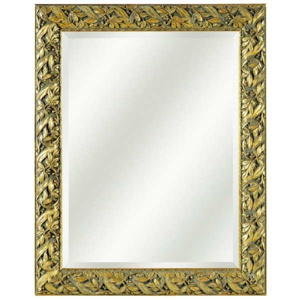 Επιτοίχιος ορθογώνιος ιταλικός καθρέπτης, με φαρδιά κορνίζα, σε χρώμα χρυσού και φλοράλ μοτίβο.