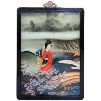 Πίνακας Ζωγραφικής σε γυαλί. Απεικονίζει μία κοπέλα, στην άκρη του ποταμού να παρατηρεί το νερό, που κυλάει ελεύθερα.