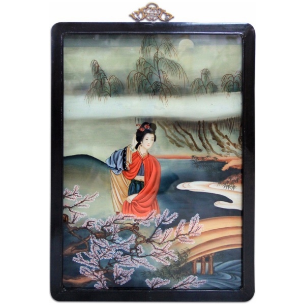 Πίνακας Ζωγραφικής σε γυαλί. Απεικονίζει μία κοπέλα, στην άκρη του ποταμού να παρατηρεί το νερό, που κυλάει ελεύθερα.