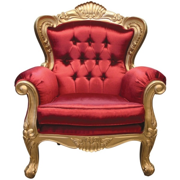 Πολυθρόνα μπερζέρα, με ξύλινο σκαλιστό χρυσαφί σκελετό, καπιτονέ πλάτη και αποσπώμενο μαξιλάρι καθίσματος, σε κόκκινο βελούδο.