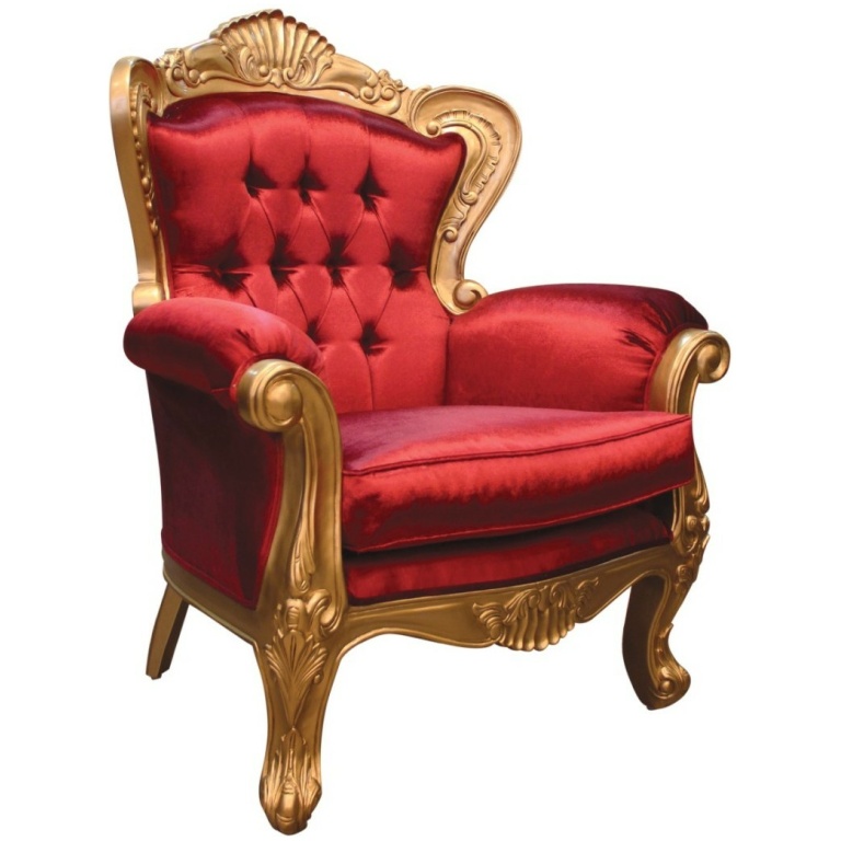 Πολυθρόνα μπερζέρα, με ξύλινο σκαλιστό χρυσαφί σκελετό, καπιτονέ πλάτη και αποσπώμενο μαξιλάρι καθίσματος, σε κόκκινο βελούδο.