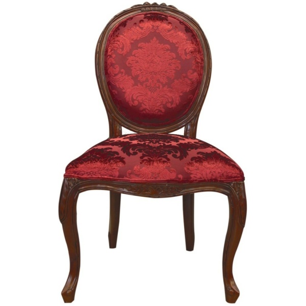 Καρέκλα με διακριτή οβάλ πλάτη, σκάλισμα στον ξύλινο σκελετό και μπορντό βελούδινη ταπετσαρία με σχέδια.