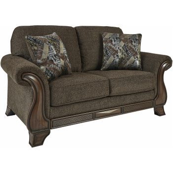 Διθέσιος καναπές Miltonwood της Ashley, με ξύλινο σκελετό και παχιά μαξιλάρια του καλύπτονται από καφέ βελούδινη ταπετσαρία,