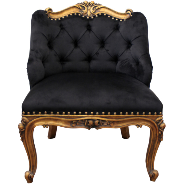 Πολυθρόνα vintage, με σκελετό σε χρυσαφί απόχρωση, που τονίζεται από την όμορφη βελούδινη μαύρη ταπετσαρία της.
