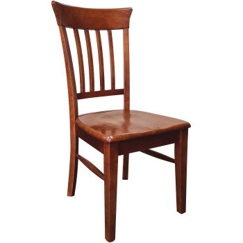 Ξύλινη καρέκλα, με ένα διακοσμητικό καγκελάκι στην πλάτη. Στηρίζεται σε τέσσερα πόδια και το κάθισμα είναι από παχύ ξύλο, σε ανοικτόχρωμο λούστρο.