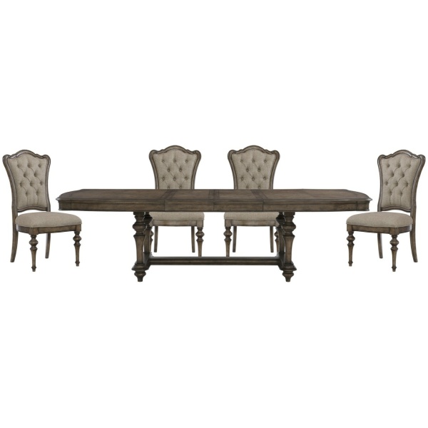 Τραπεζαρία Heath Court της Home Elegance με επεκτεινόμενο τραπέζι με σμιλευτά πόδια που συνδέονται με μία διπλή βάση στήριξης και έξι καρέκλες.
