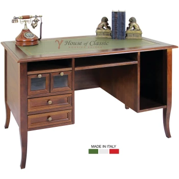 Ξύλινο γραφείο, Vintage style, με δύο συρτάρια, ελαφρώς καμπυλωτά πόδια και επιφάνεια που καλύπτεται από υψηλής ποιότητας τεχνόδερμα.