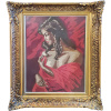 Πίνακας με κέντημα, που παρουσιάζει το πορτραίτο μιας νεαρής με κόκκινο φόρεμα. Πλαισιώνεται από μία εντυπωσιακή σκαλιστή χρυσαφί κορνίζα.
