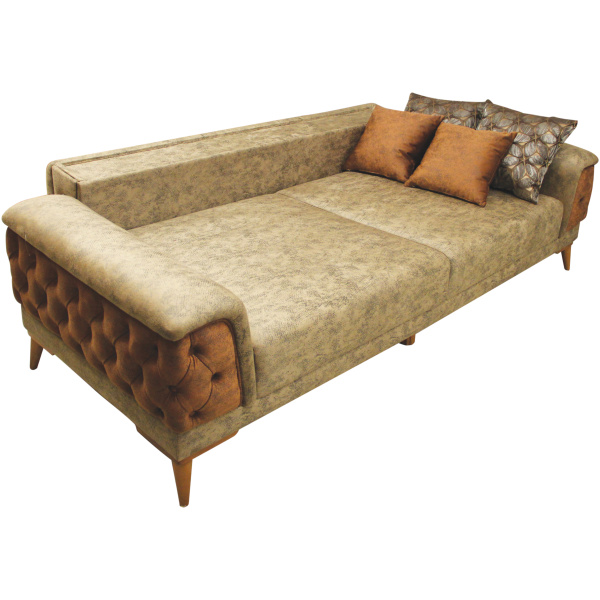 Τριθέσιος καναπές-κρεβάτι, με δίχρωμη ταπετσαρία, σε καφέ και μπεζ χρώμα. Διαθέτει τέσσερα διακοσμητικά μαξιλάρια.