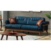 Τριθέσιος καναπές με έντονο μπλε χρώμα. Διαθέτει αφράτο κάθισμα και πλάτη, έξι εμφανή ξύλινα πόδια και μηχανισμό μετατροπής σε διπλό κρεβάτι.