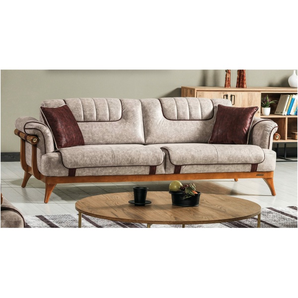 Τριθέσιος καναπές σε ανοικτό μπορντώ χρώμα. Διαθέτει μηχανισμό μετατροπής σε διπλό κρεβάτι, αφράτο κάθισμα και πλάτη και δύο διακοσμητικά μαξιλάρια.