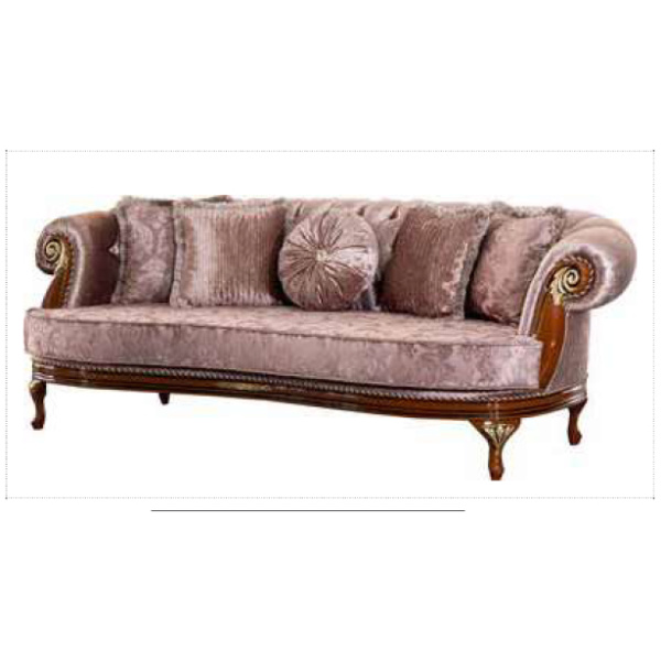 Ξύλινος σκαλιστός τριθέσιος καναπές, με καπιτονέ πλάτη και σκαλιστά διακοσμητικά. Συνοδεύεται με πέντε διακοσμητικά μαξιλάρια.