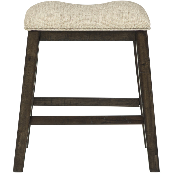 Σκαμπό με μαξιλαρωτό κάθισμα, σε χρώμα ανοικτό καφέ, και απλή γραμμή. Αυτό είναι το σκαμπό Rokane, της Ashley, που στηρίζεται σε έναν στιβαρό ξύλινο σκελετό.
