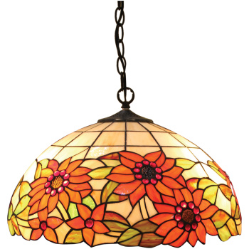 Φωτιστικό οροφής τεχνοτροπίας Tiffany, σε σχήμα ημισφαιρικό και διακοσμημένο με πορτοκαλοκόκκινα άνθη, σε μπεζ φόντο.