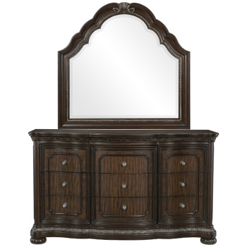 Τουαλέτα με καθρέπτη της σειράς Beddington της Home Elegance, με εννέα συρτάρια. Ο επίσης σκαλιστός καθρέπτης, είναι το απαραίτητο συμπλήρωμά της.