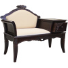 Διθέσιος καναπές, με ξύλινο σκαλιστό πλαίσιο, σε σκούρο καφέ χρώμα. Έχει μαξιλαρωτό κάθισμα και πλάτη και ενσωματωμένη εταζέρα με συρτάρι.