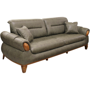 Καναπές-κρεβάτι, με ταπετσαρία σε χρώμα πρασινωπό και εμφανείς ραφές. Διαθέτει εμφανή ξύλινα πόδια και δύο διακοσμητικά μαξιλαράκια.