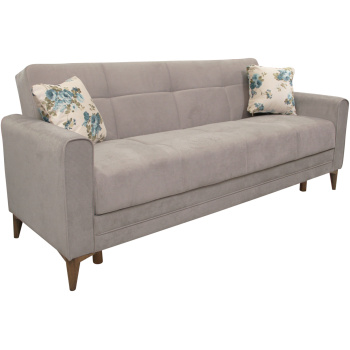 Τριθέσιος καναπές-κρεβάτι, με ταπετσαρία σε ανοιχτό γκρι χρώμα. Έχει εμφανή ξύλινα πόδια και συνοδεύεται από δύο διακοσμητικά μαξιλαράκια.