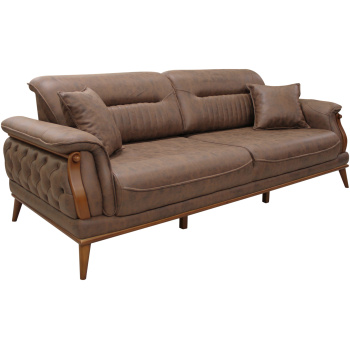 Καναπές-κρεβάτι με γήϊνη απαλή καφέ σκούρα ταπετσαρία, αναπαυτική φόρμα και απλές, αρχοντικές γραμμές. Στηρίζεται σε τέσσερα εμφανή πόδια.