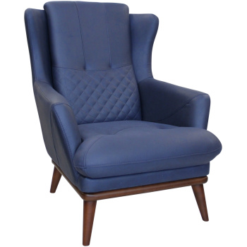 Μπερζέρα, με ταπετσαρία σε χρώμα μπλε-ραφ, που διαθέτει αναπαυτικό μαξιλάρι καθίσματος και έχει ξύλινο σκελετό, με τέσσερα εμφανή πόδια.