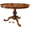 Τραπέζι ξύλινο, στρογγυλό, που στηρίζεται σε ένα κεντρικό άξονα που καταλήγει σε τρία πόδια. Διαθέτει λιτό σκάλισμα και υπέροχο λούστρο.