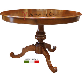 Τραπέζι ξύλινο, στρογγυλό, που στηρίζεται σε ένα κεντρικό άξονα που καταλήγει σε τρία πόδια. Διαθέτει λιτό σκάλισμα και υπέροχο λούστρο.